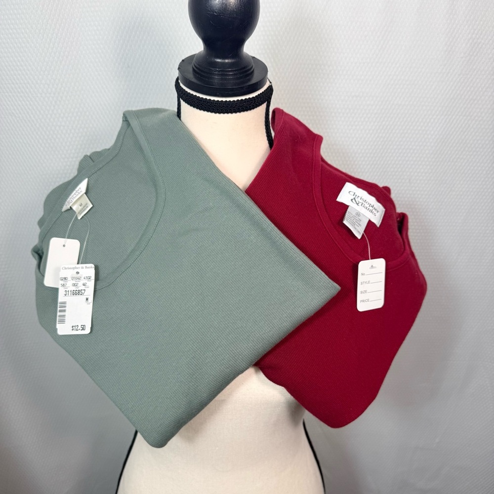 Christopher & Banks Burgundy And Green Ribbed Crew Top (2)